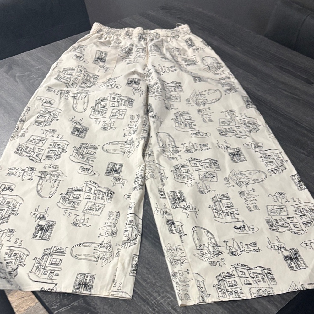 Printed Cream Wide-Leg Pants